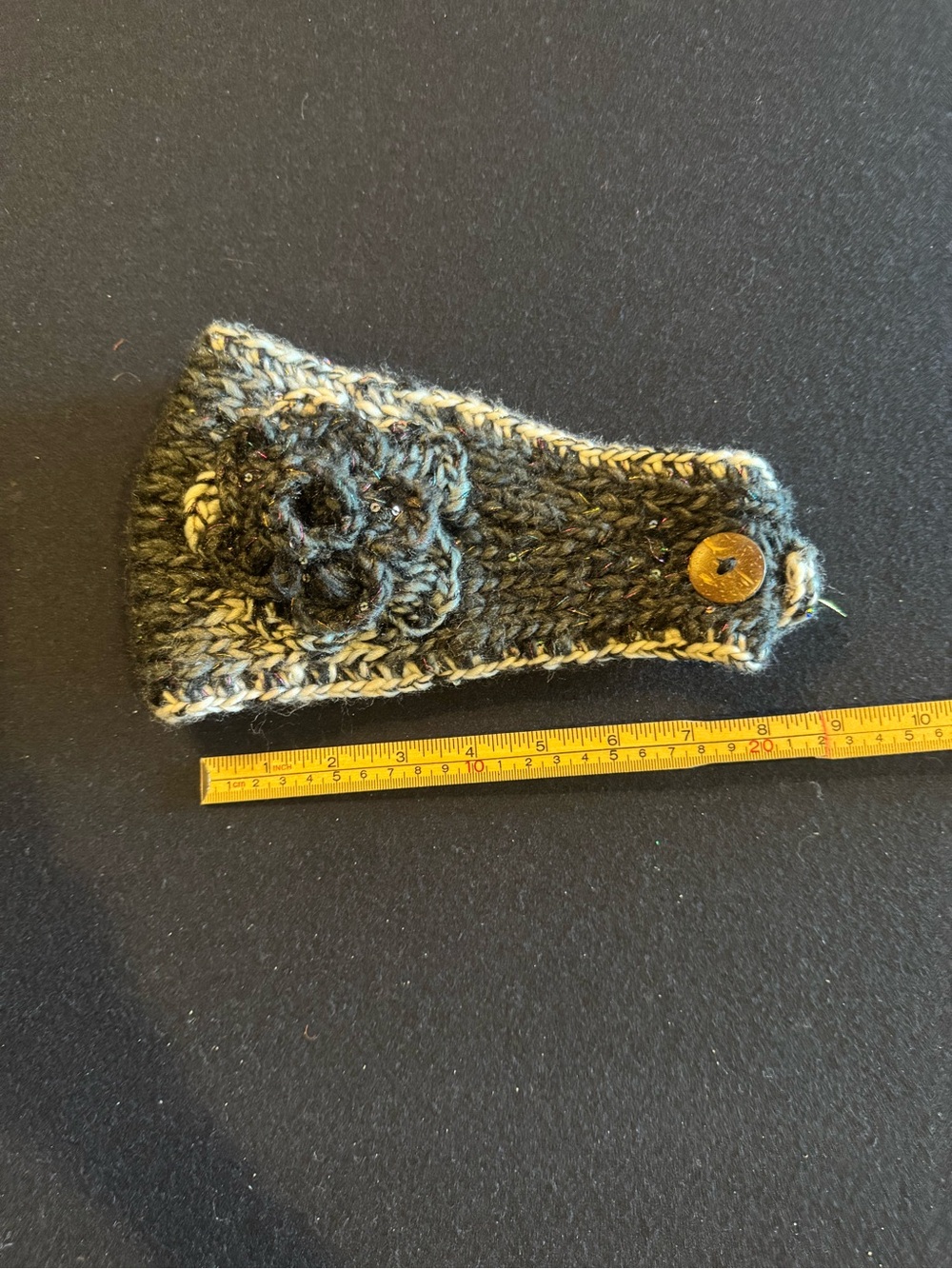 Handmade Knit Ear Warmer Headband in Dark Gray and Cream with Button Accent